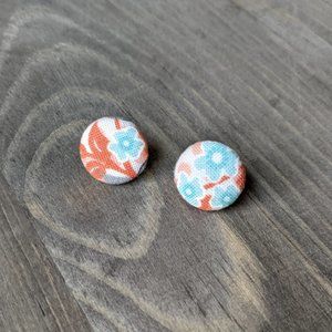 Fabric Cabochon Stud Earrings with Blue & Orange Floral Pattern